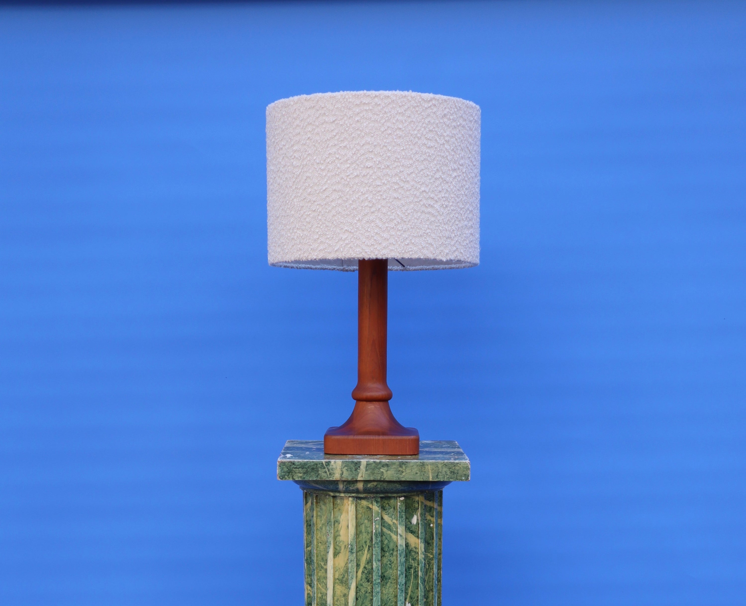 Column Base Danish Teak Lamp with Boucle Shade