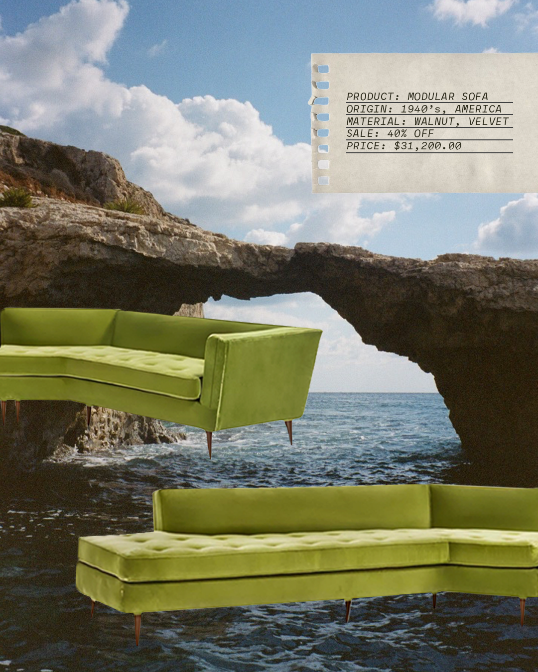 Green Velvet & Walnut Large Modular Sofa | Bertha Schaefer