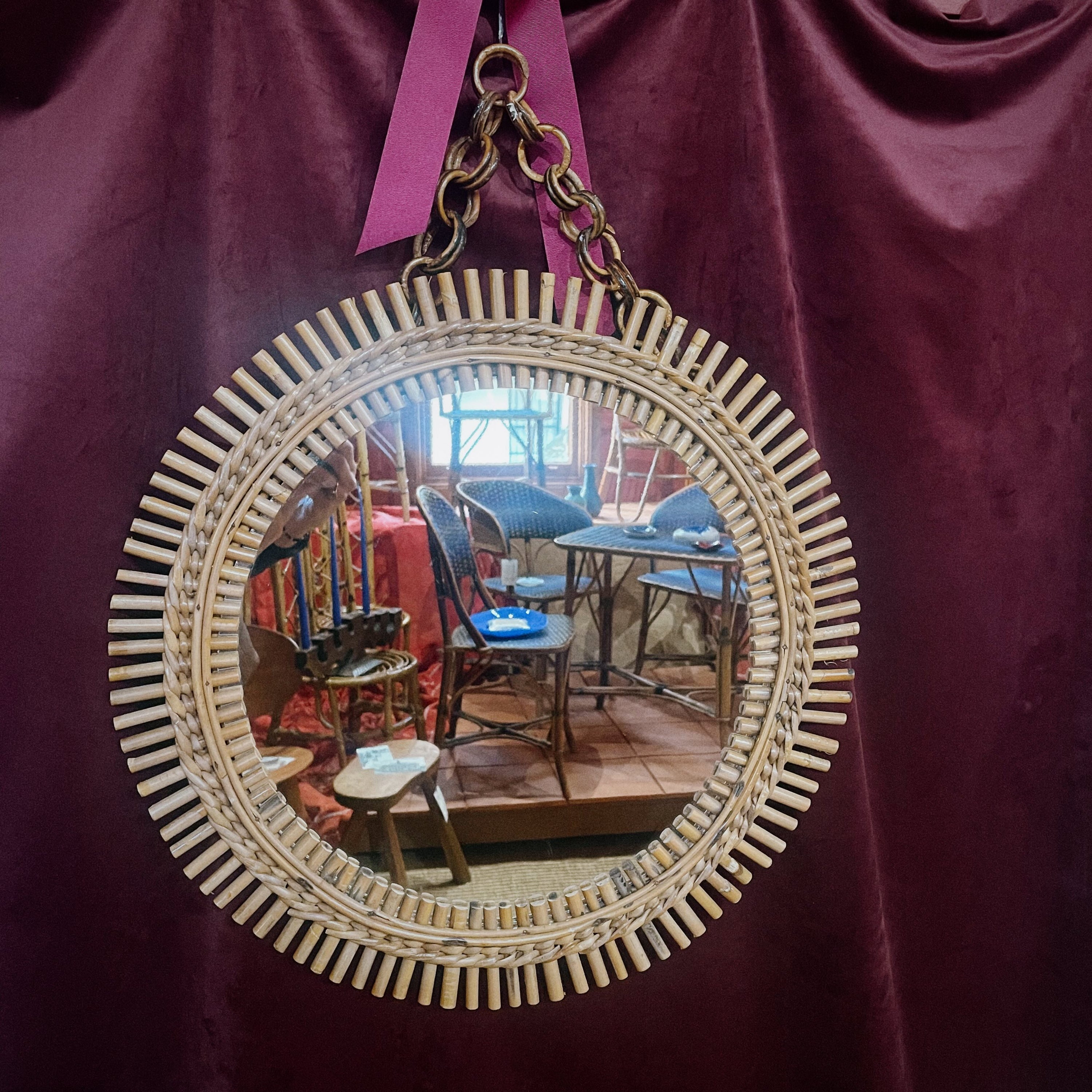 Round Cane Mirror in the Style of Franco Albini