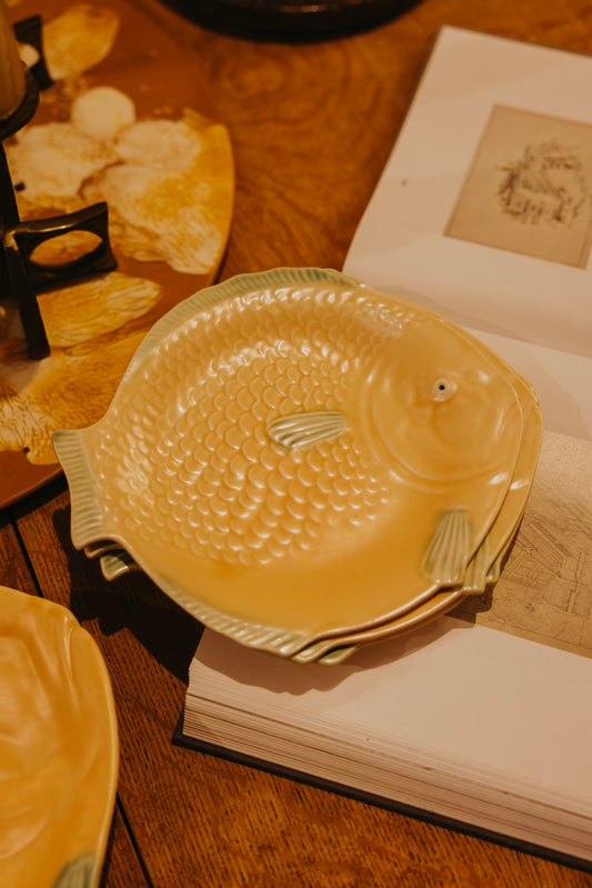 Small Art Deco Matte Yellow Fish Plates