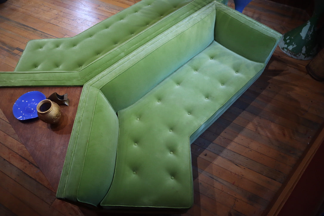 Green Velvet & Walnut Large Modular Sofa | Bertha Schaefer
