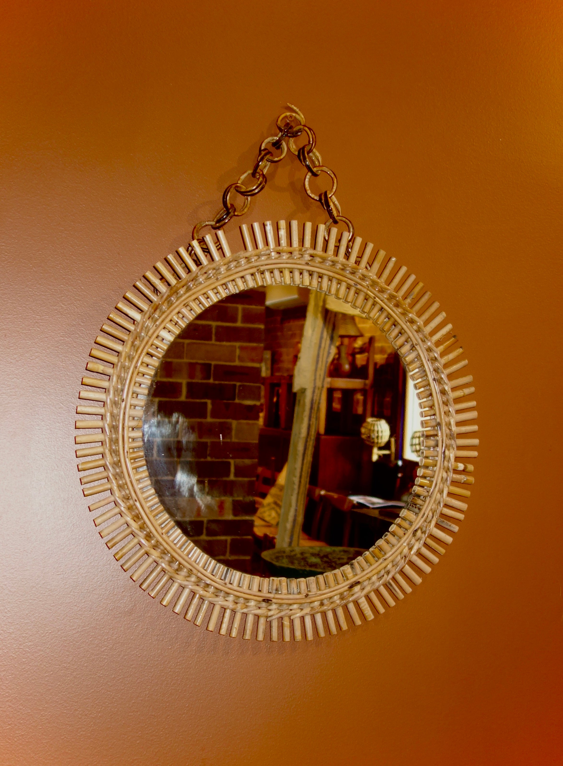 Sunburst Mirror with Cane Reed in the Style of Franco Albini