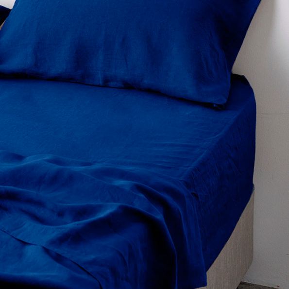 IN BED| 100% Linen Fitted Sheet | Cobalt