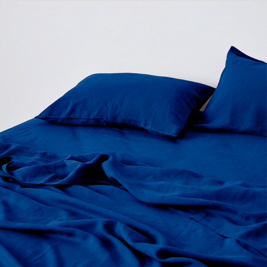 IN BED| 100% Linen Flat Sheet | Cobalt