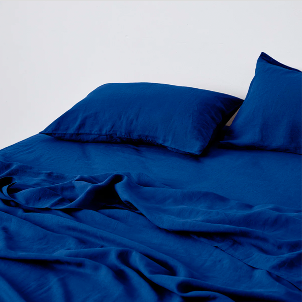 IN BED| 100% Linen Flat Sheet | Cobalt