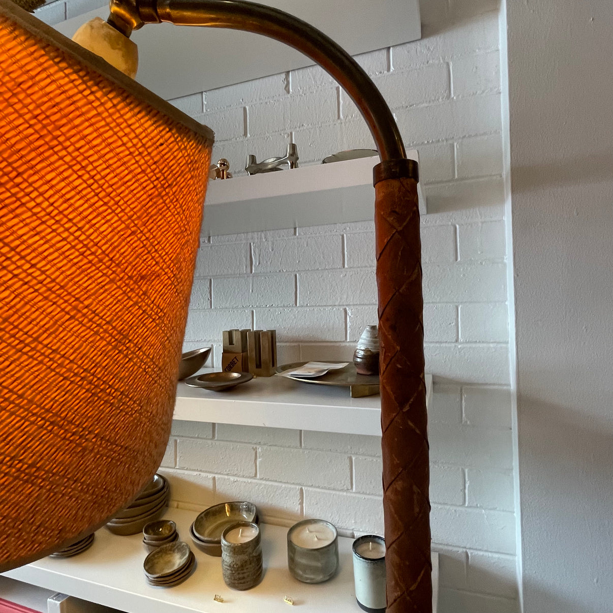 Freestanding Leather & Brass Lampstand Composition