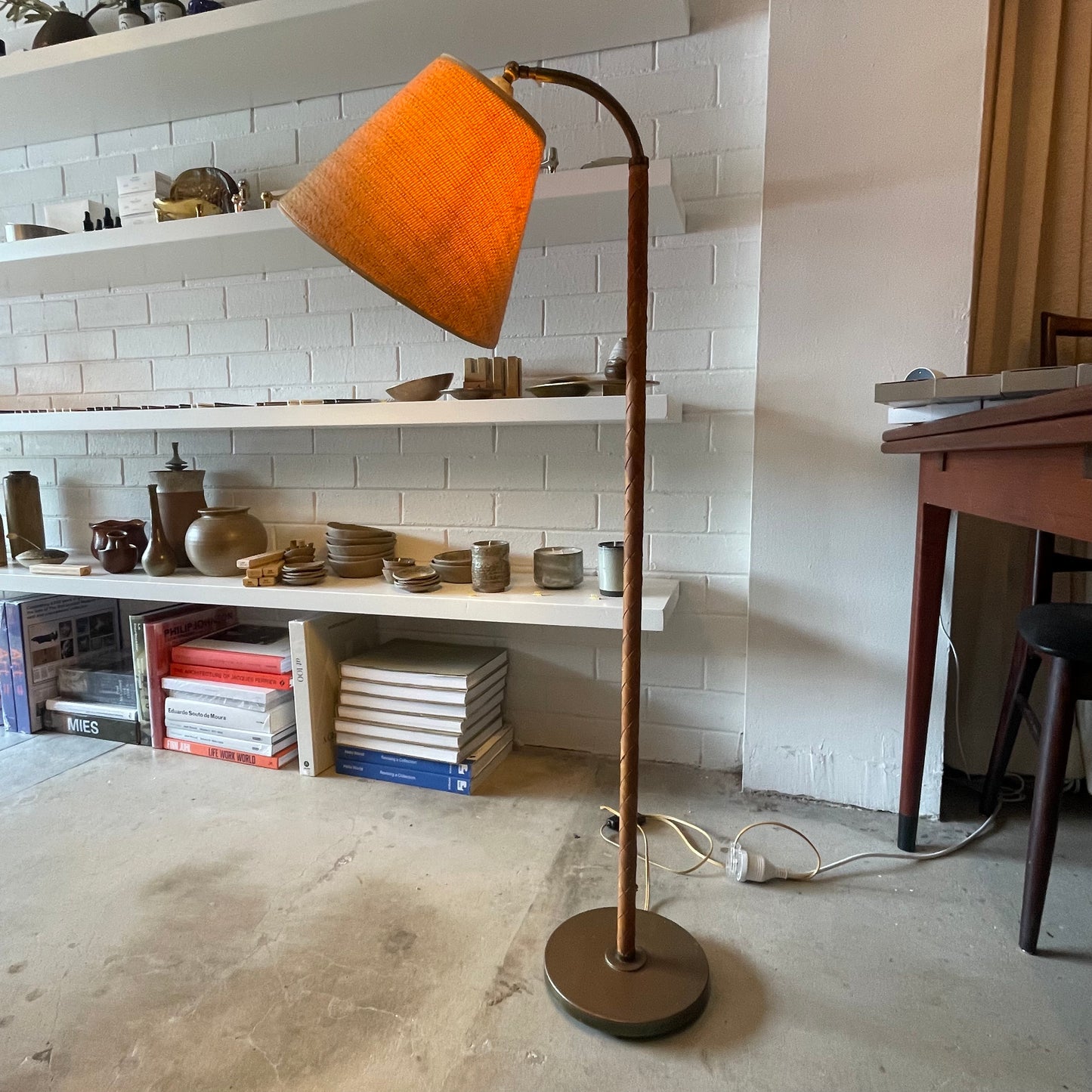 Freestanding Leather &  Brass Lampstand
