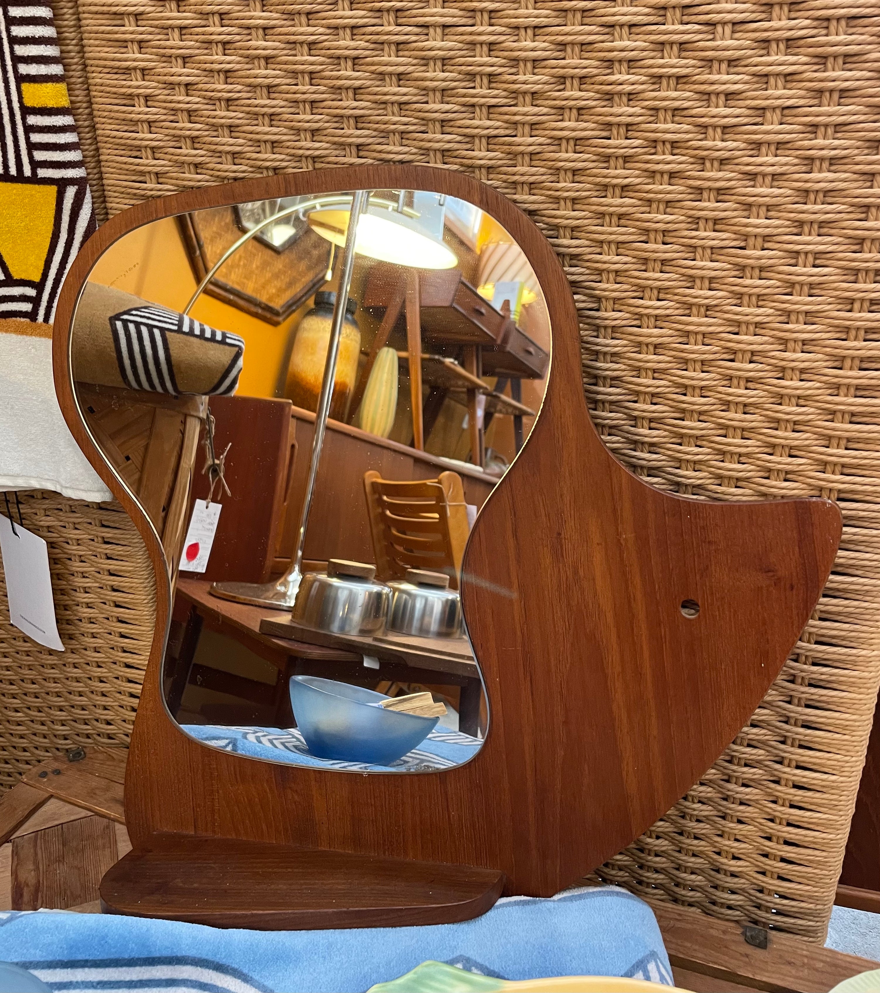 Small Teak Mirror With Shelf