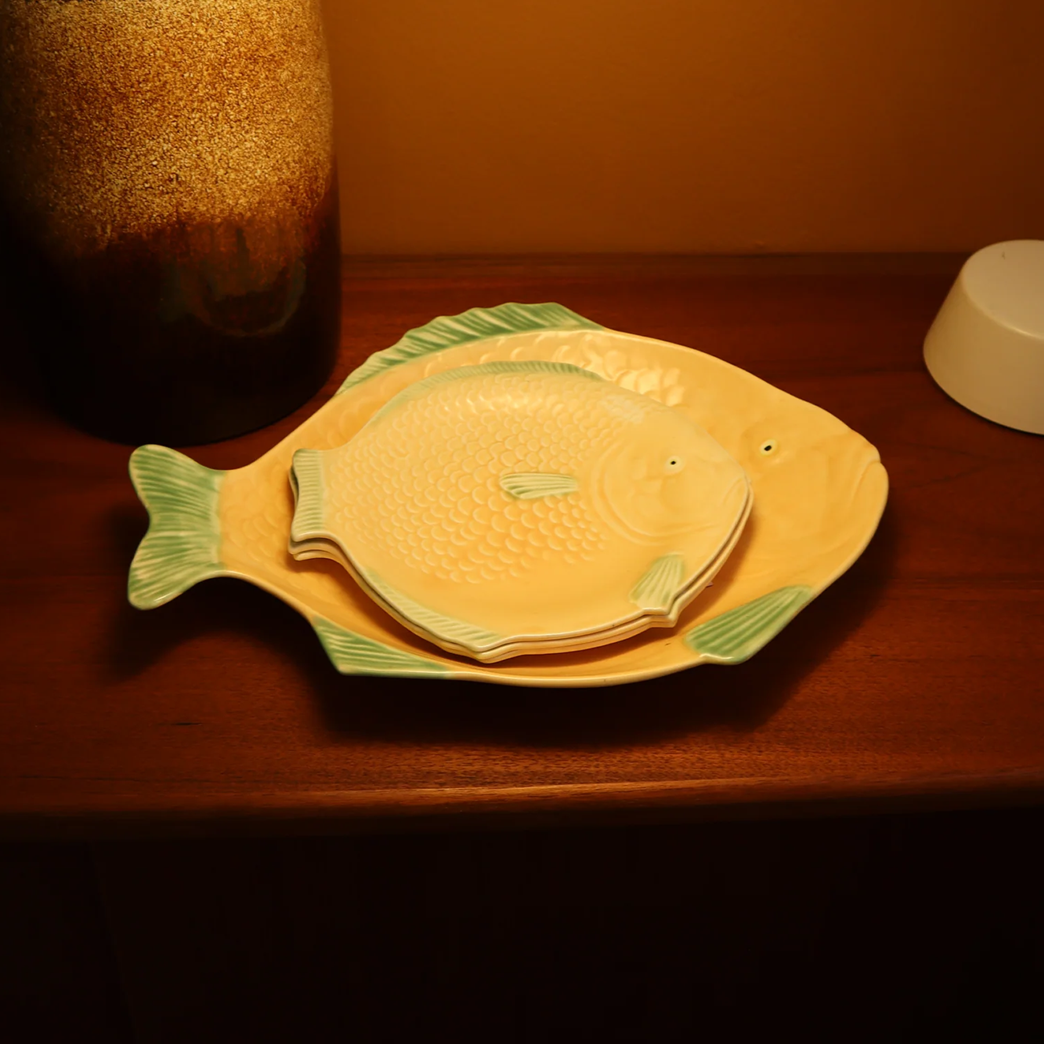 Small Art Deco Matte Yellow Fish Plates